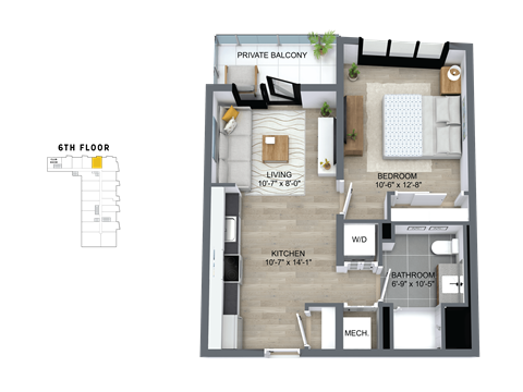 Floor plan for 1 bed, 1 bath, 584 sqft